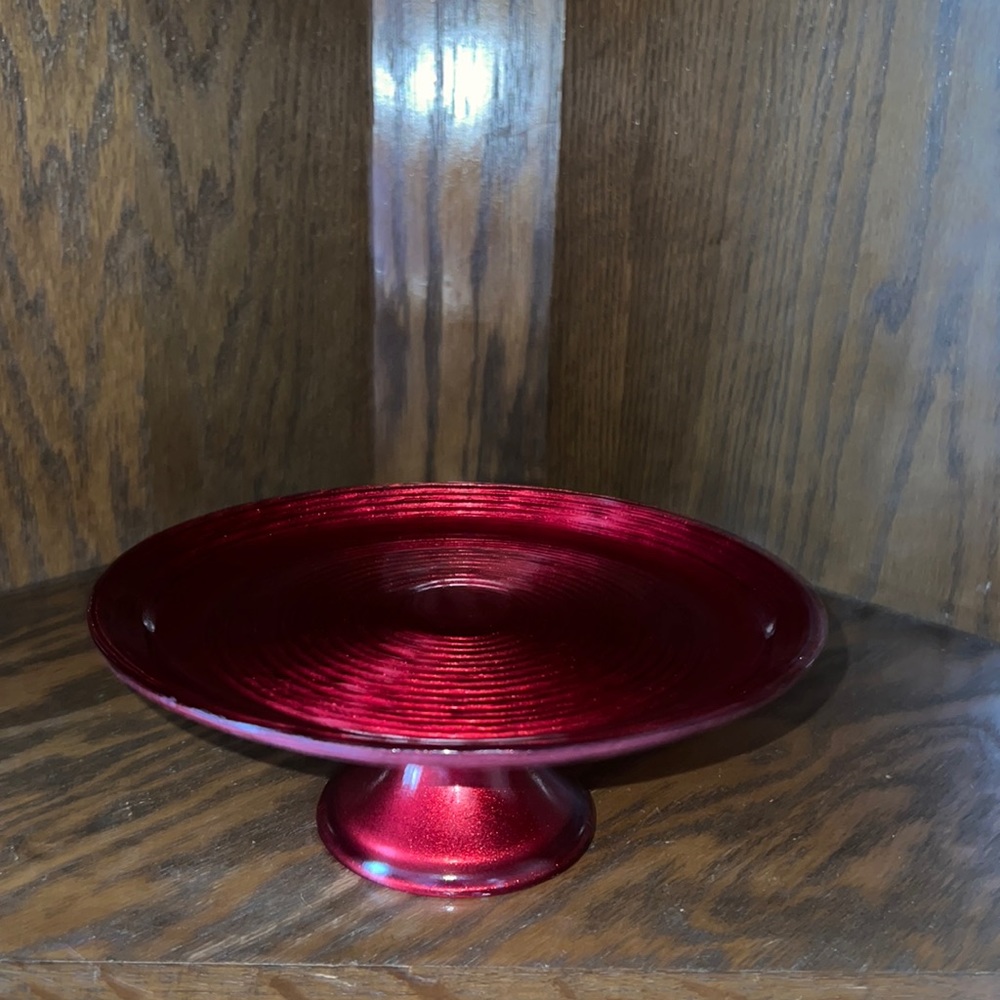 Red Decorative Glass Cake or Dessert Stand. Circular Ridge Design Pattern